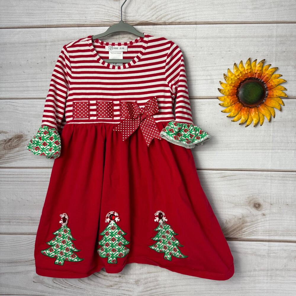 Bonnie Jean Girls Red White Stripe Christmas Tree‎ Candy Cane Dress Size 4T
